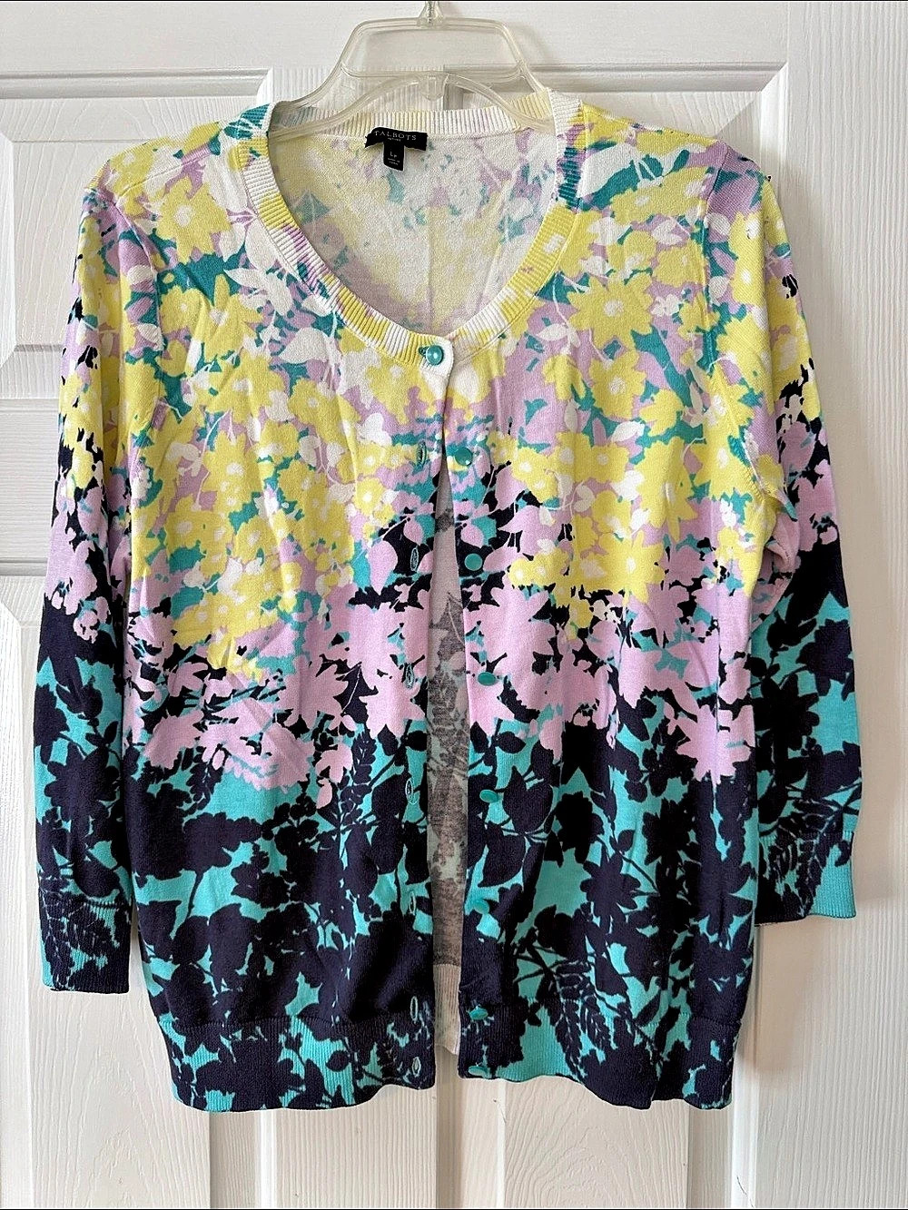 Talbots CN4997 Floral Cardigan in Yellow & Blue Large Petite Like New